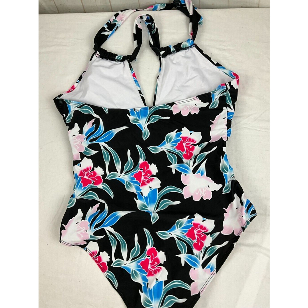 Women’s One-Piece Bathing Suit Size Large Black Floral Halter Swimsuit EUC - Picture 2 of 2